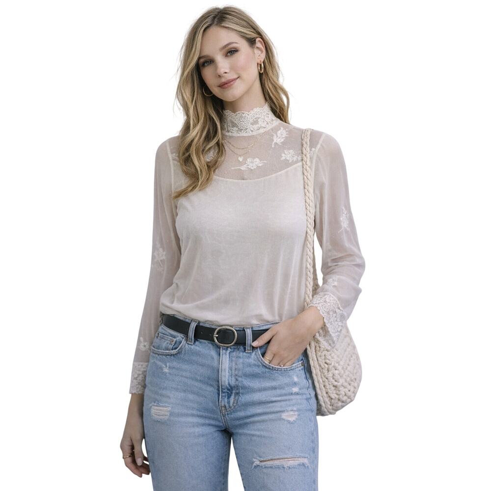 Sheer Lace High Neck Blouse Ivory Embroidered Korea Vintage Style Medium